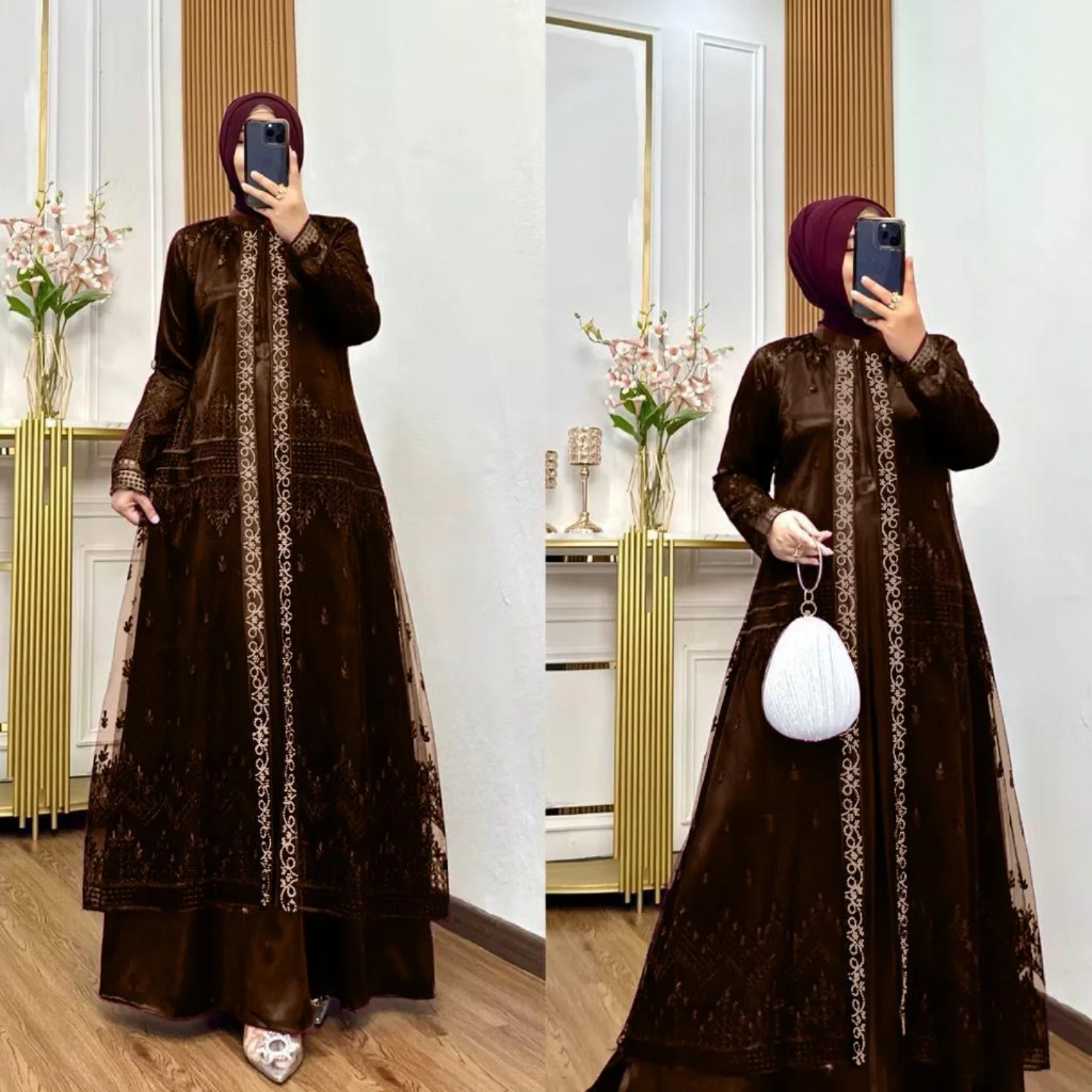 Nadira Dress Abaya Gamis Mahogany Mewah Elegan Terbaru Velvet Mix Brokat Gamis Kondangan Premium
