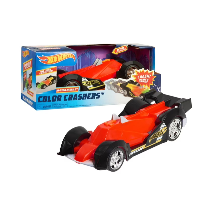 Hot Wheels Color Crashers Hi-Tech Missile, Motorized Toy Car with Lights & Sounds, Red