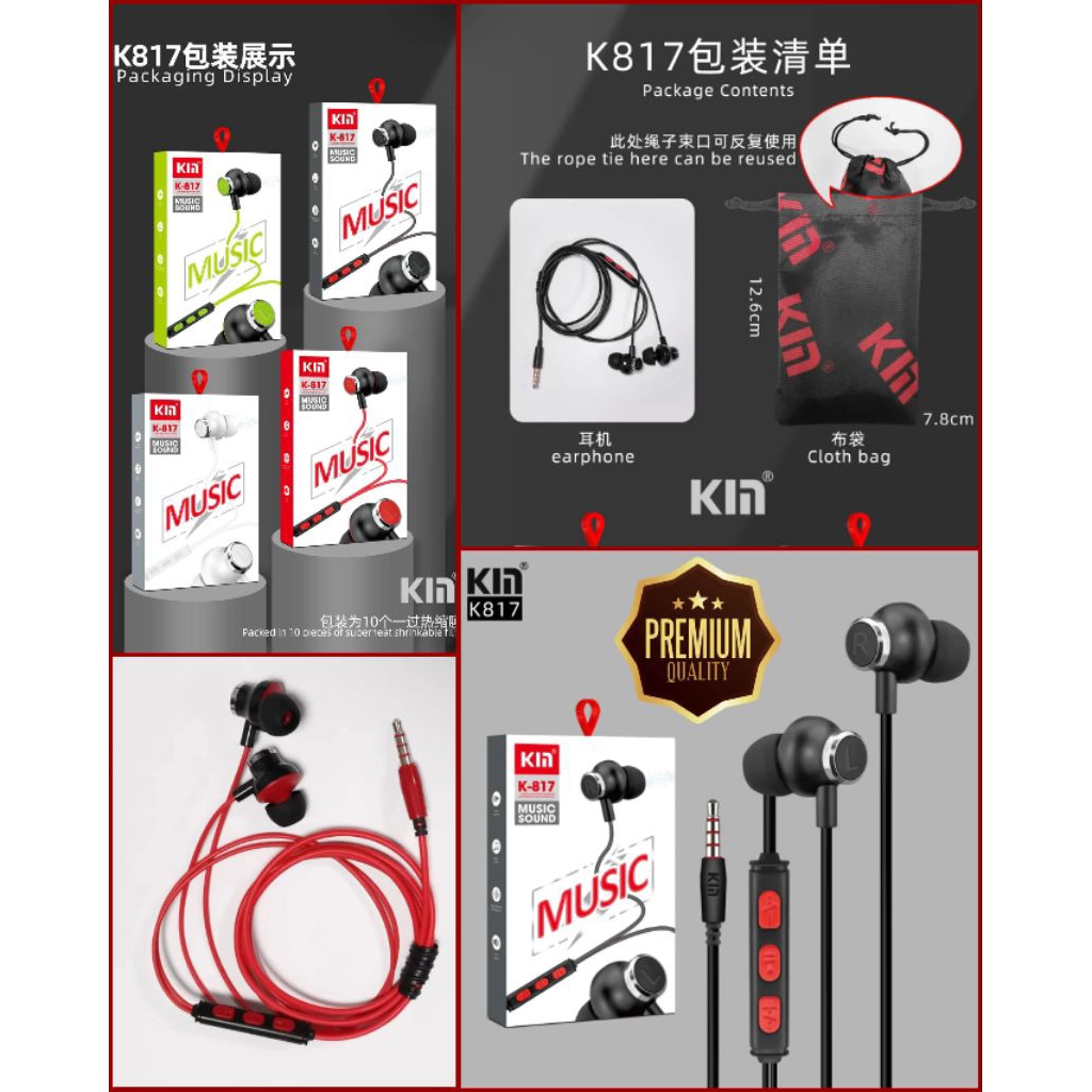ELCOM KM KYIN K817 ORIGINAL EARPHONE IN EAR HEADSET KABEL MUSIC SOUND PREMIUM QUALITY + MIC