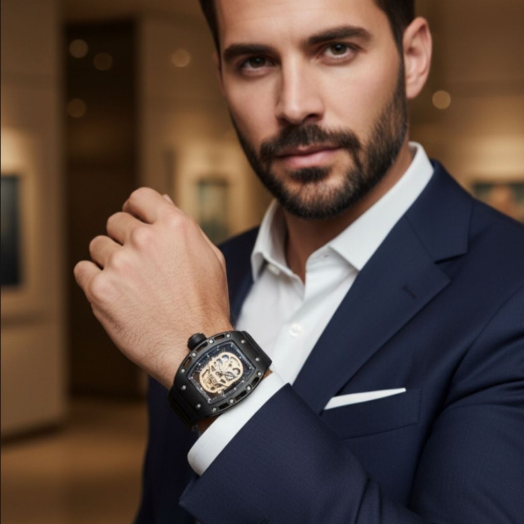 Jam Tangan Pria Sporty Skull Rm 052 Rubber Autometic Eta Premium AAA