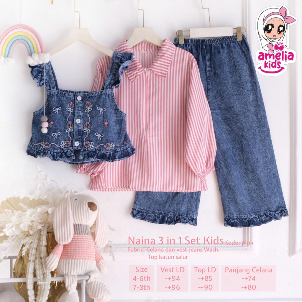 [[ New Arrival ]] Naina 3in1 Set Kids By Amelia Kids Setelan Blouse Vest dan Celana Jeans Anak Perem