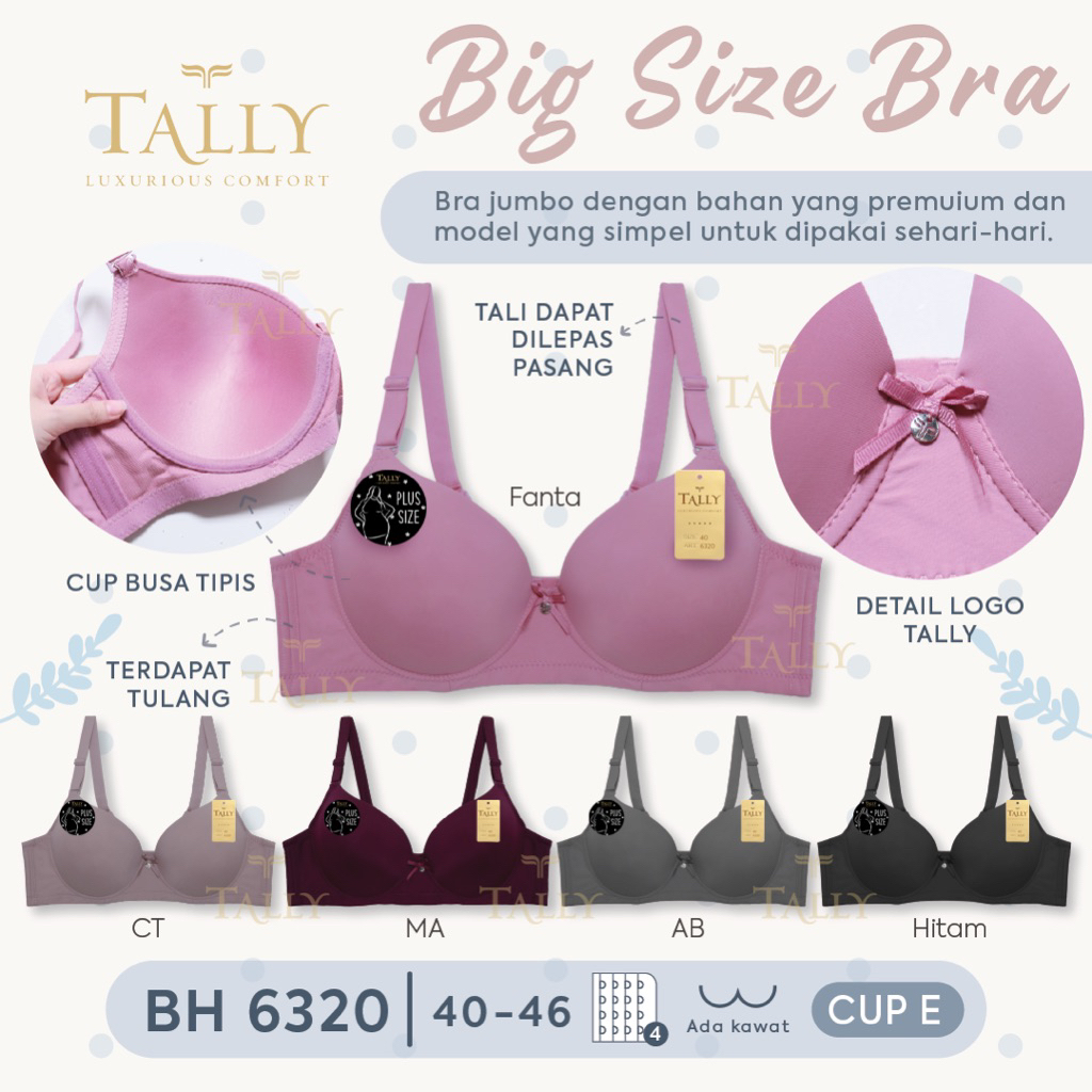 Bh tally 6320 plus size/bra jumbo kawat busa tipis/bh big size seamless kawat cup D