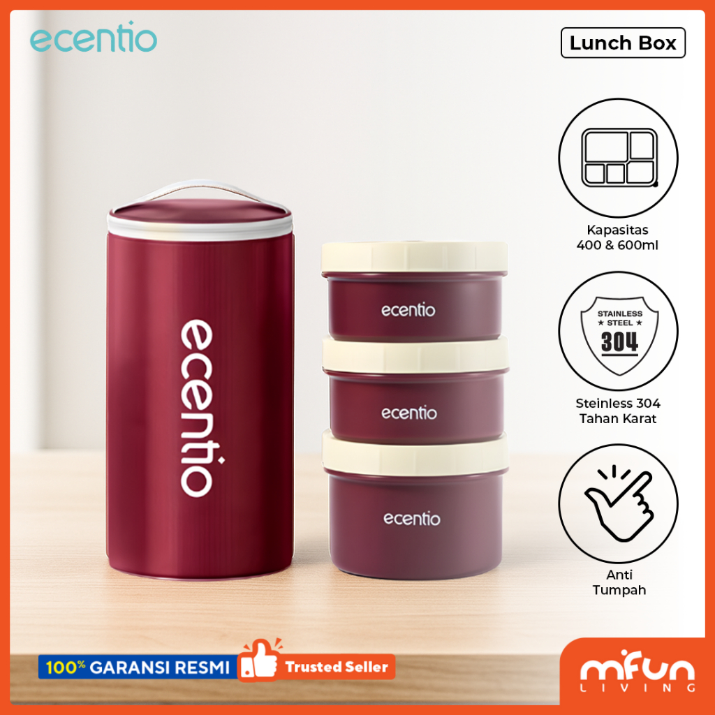 Ecentio Lunch Box Kotak Makan 3PCS Set Stainless 304 Anti Tumpah