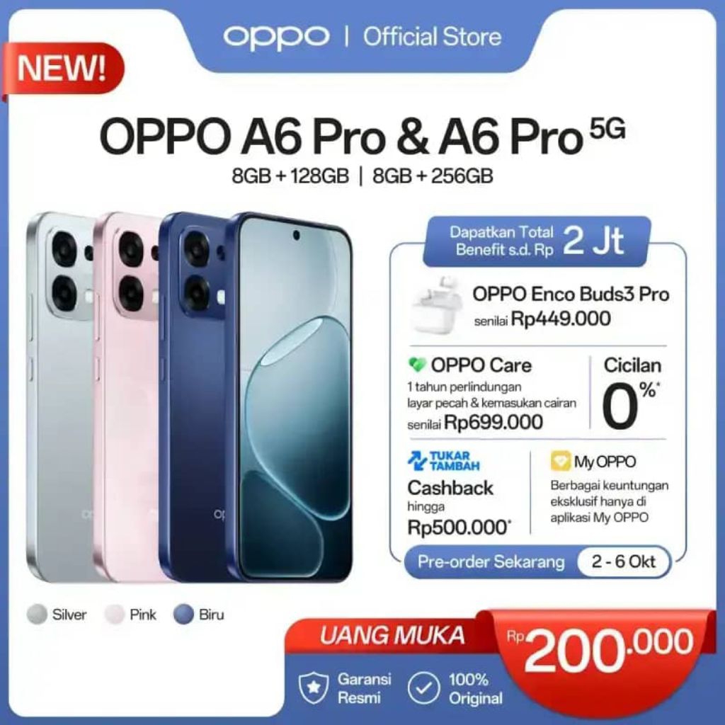 [GRATIS HEADSET BLUETOOTH] OPPO A6 PRO 4G 2025 | RAM 8/256GB CAM 64MP BATERAI 5000MAH GARANSI RESMI