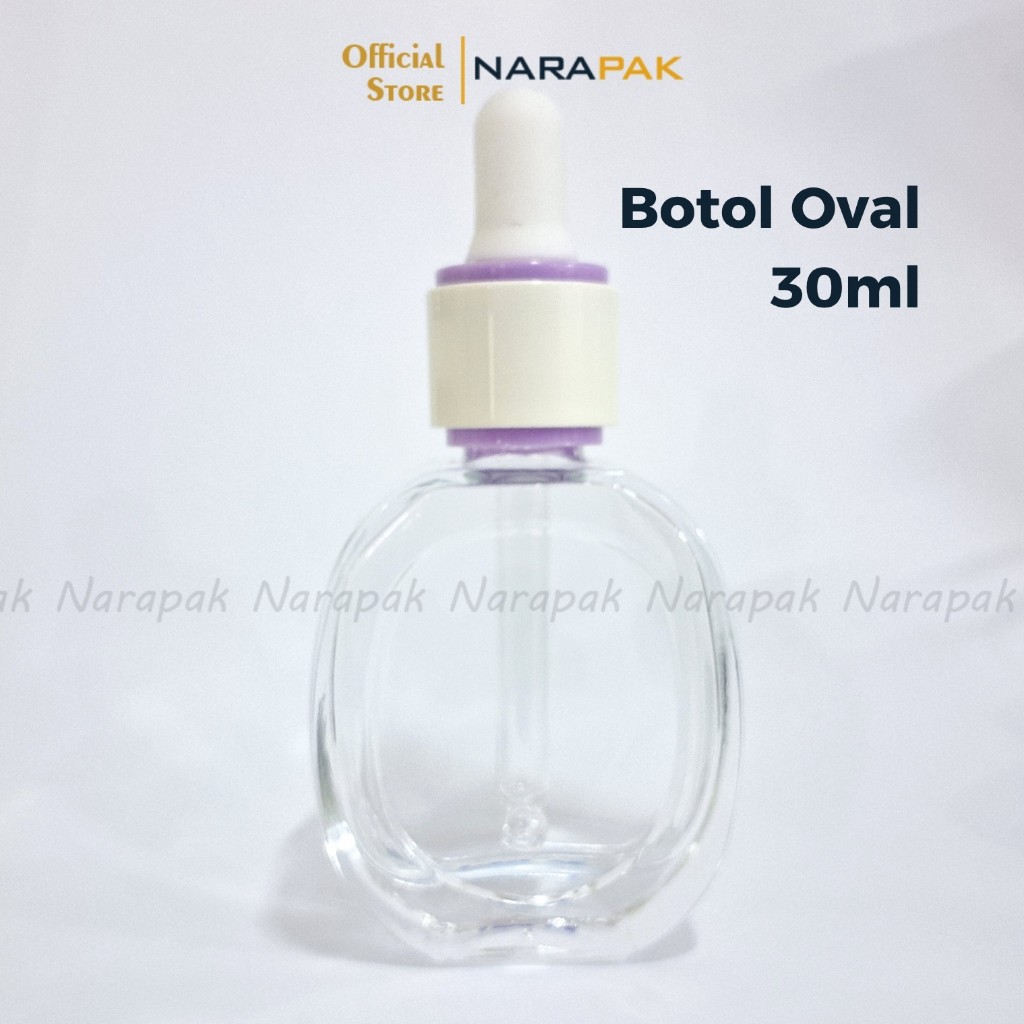 Botol Kaca 30ml Bentuk Oval Bening Pipih Tutup Putih List Ungu Unik Pipet Tetes Serum Skincare