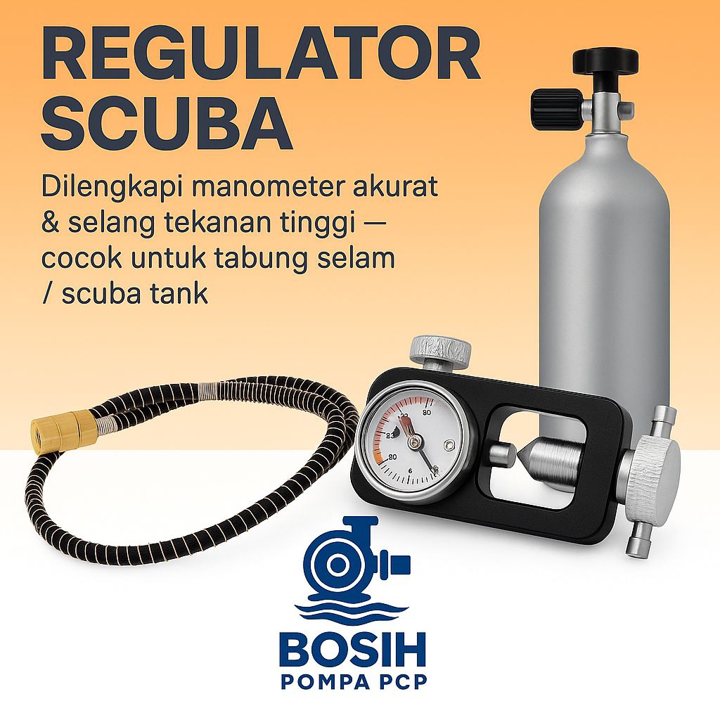 Regulator Scuba Pengisi Udara PCP dengan Manometer Akurat & Selang Tekanan Tinggi