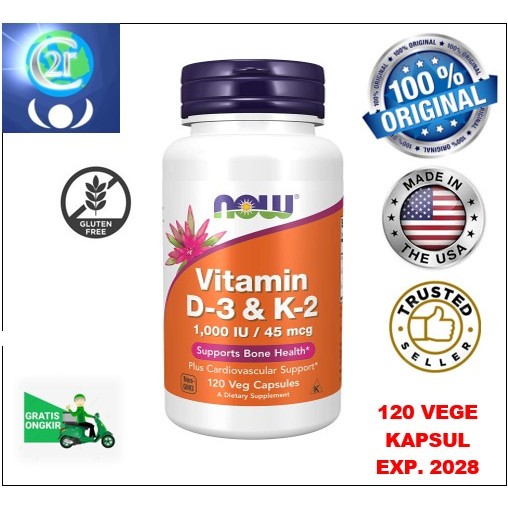 Vitamin D3+K2 (1000iu+45mcg) NOW Foods brand untuk kesehatan tulang dan jantung 120 capsule