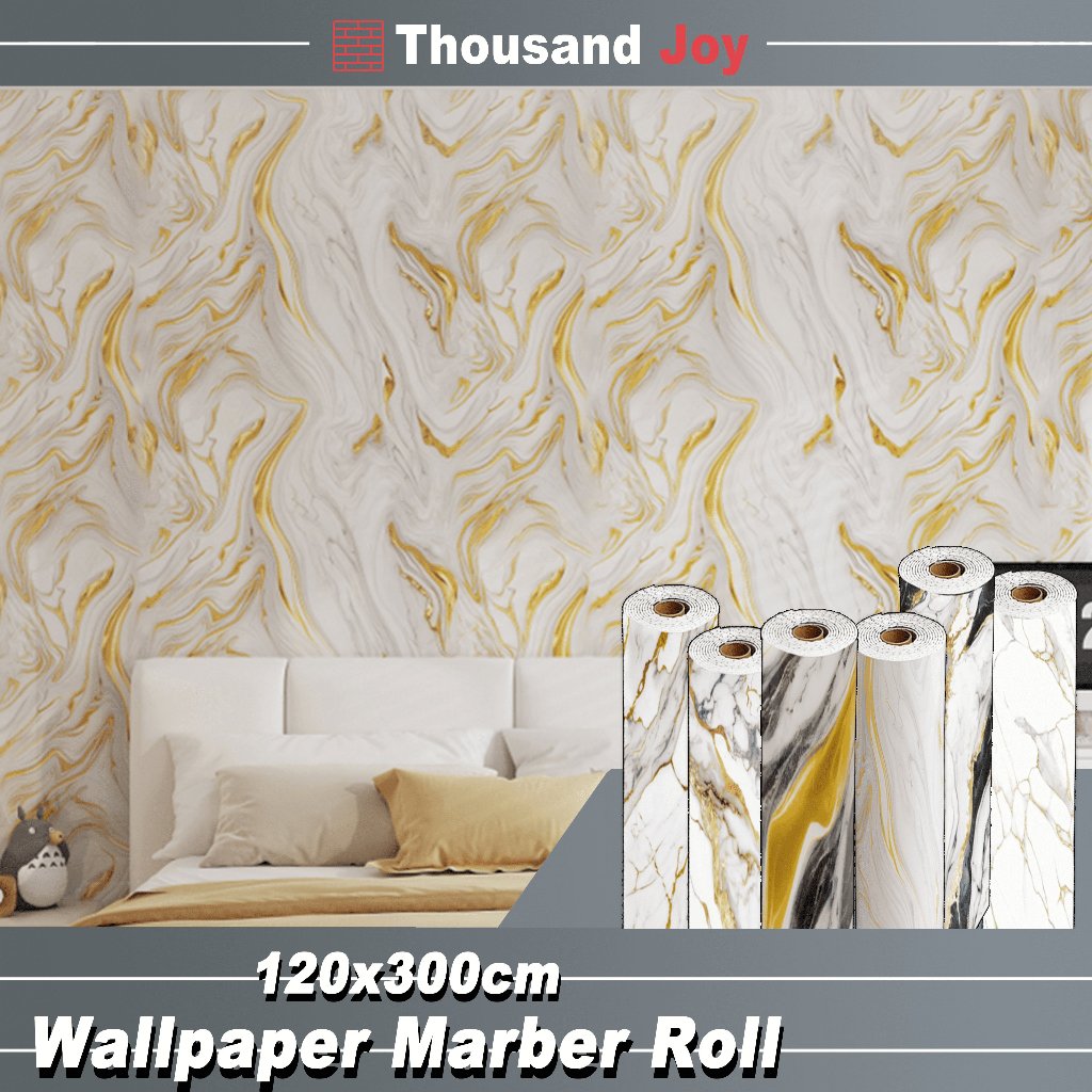 Thousand Joy-Sticker Dinding Vinyl Motif Marmer Emas 1.2x3 Meter- PVC Glossy, Waterproof, untuk Dind