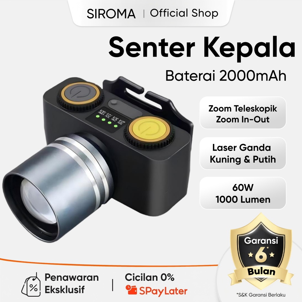SIROMA Senter Kepala Cahaya Laser Ganda Kuning & Putih 60W Fokus & Penyebaran Zoom 1000Lumen 2000mAh