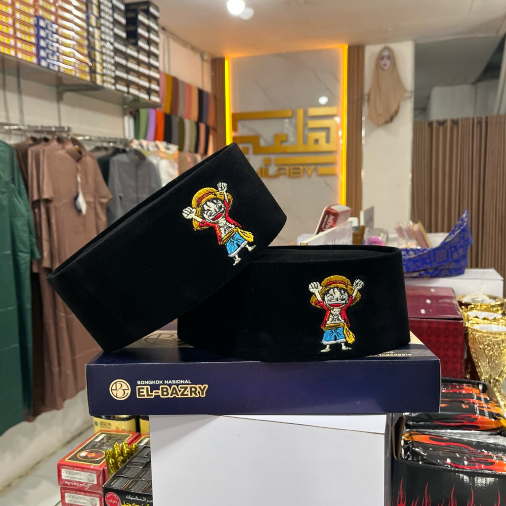 Songkok Kopiah Hitam Bordir Logo One piece/Songkok El BAZRY Bordir Gambar Luffy/Songkok Anak premium