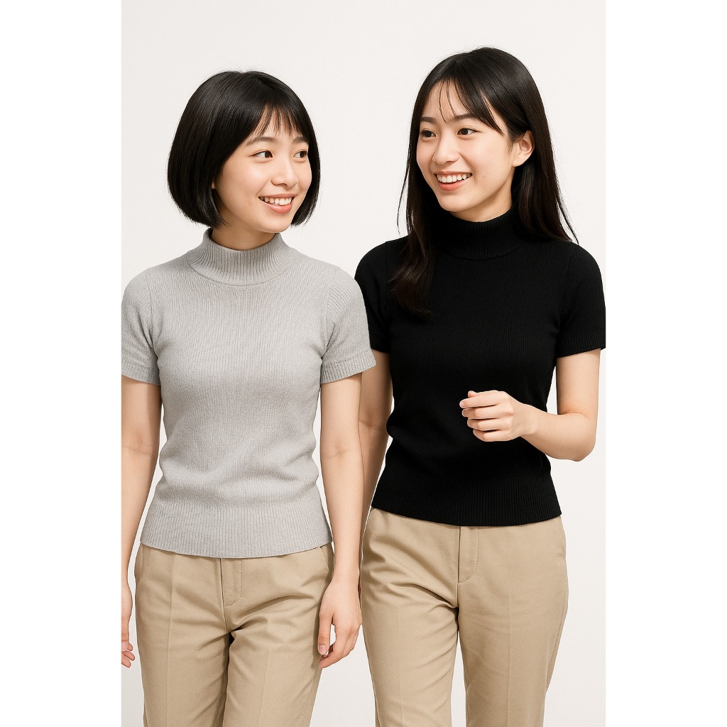 Atasan Rajut Wanita Turtleneck / Baju Wanita Kekinian Lengan Pendek - Kerah Tinggi Lengan Pendek Kni