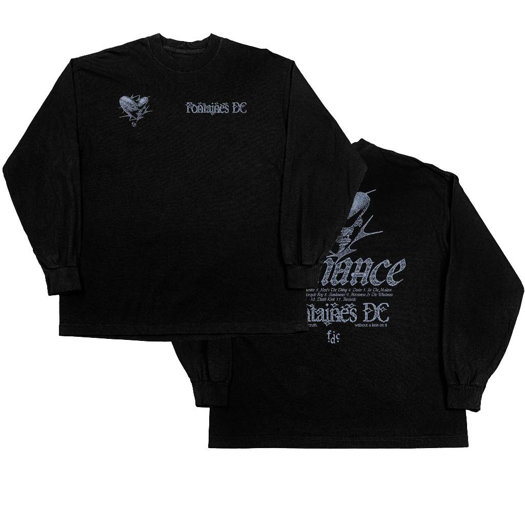 Kaos Fontaines DC Romance Tracklist Longsleeve Band Post Punk Tebal Flexinc 16s Heavyweight Hitam