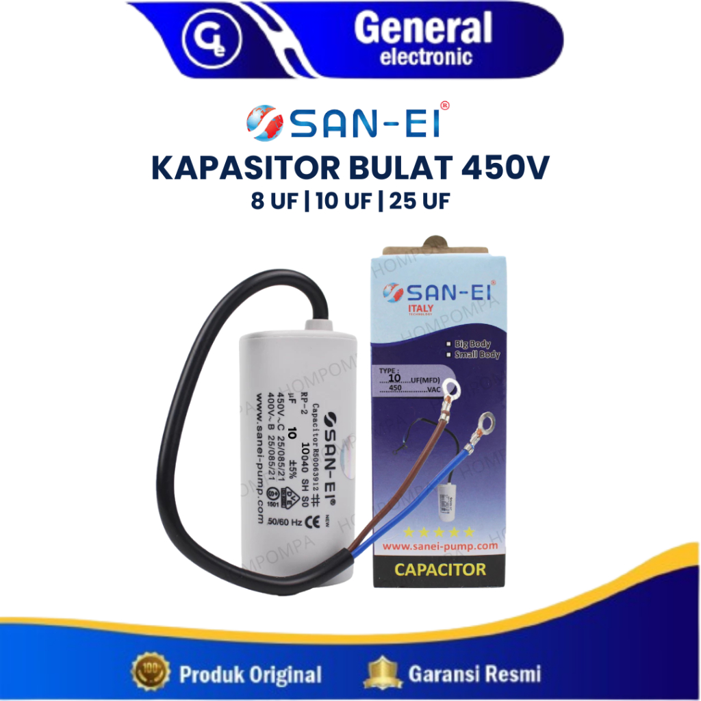 Kapasitor SAN-EI Bulat 450 V  8 10 25 Uf - Capacitor San-ei 8 10 25 uf Mikro 450 Volt