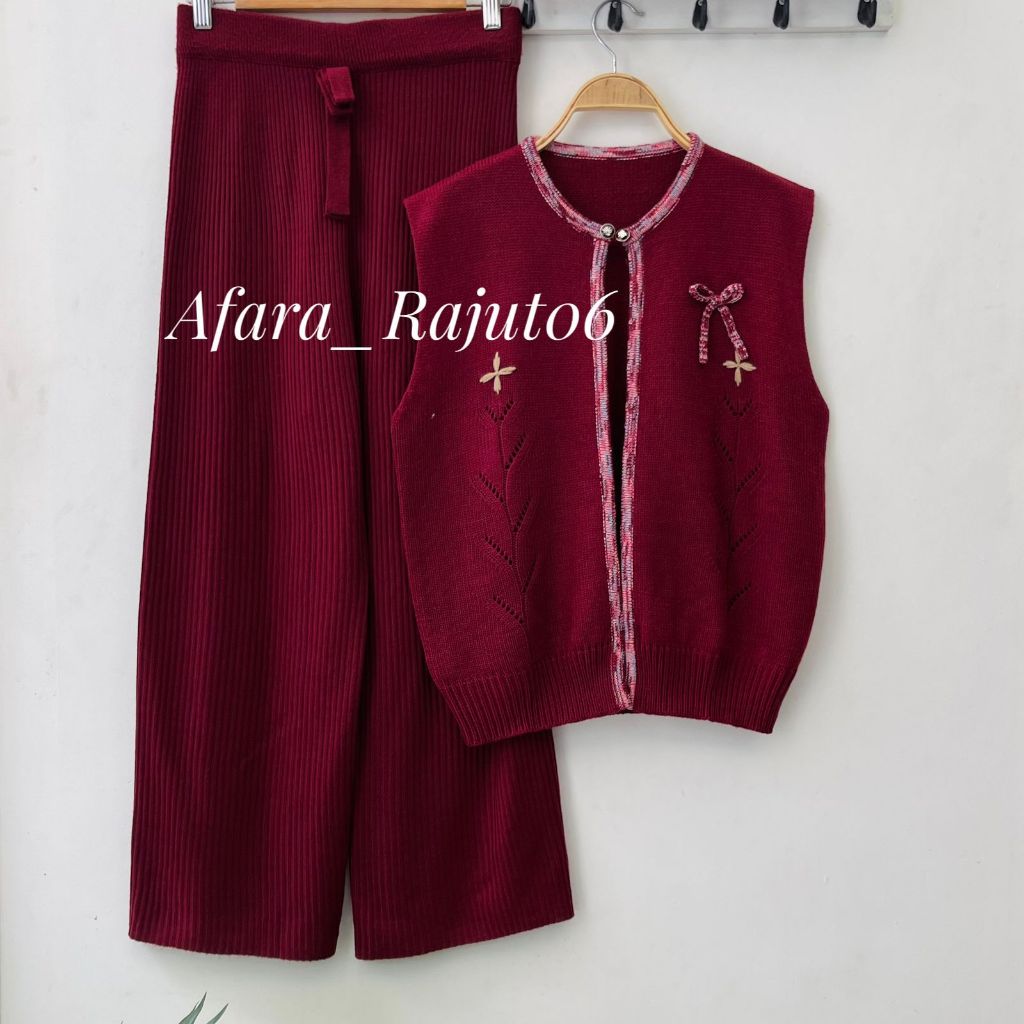Oneset Moon Vest Rompi Rajut Kancing Motif Pita Lucu Setelan Celana Kulot Premium Wanita Kekinian