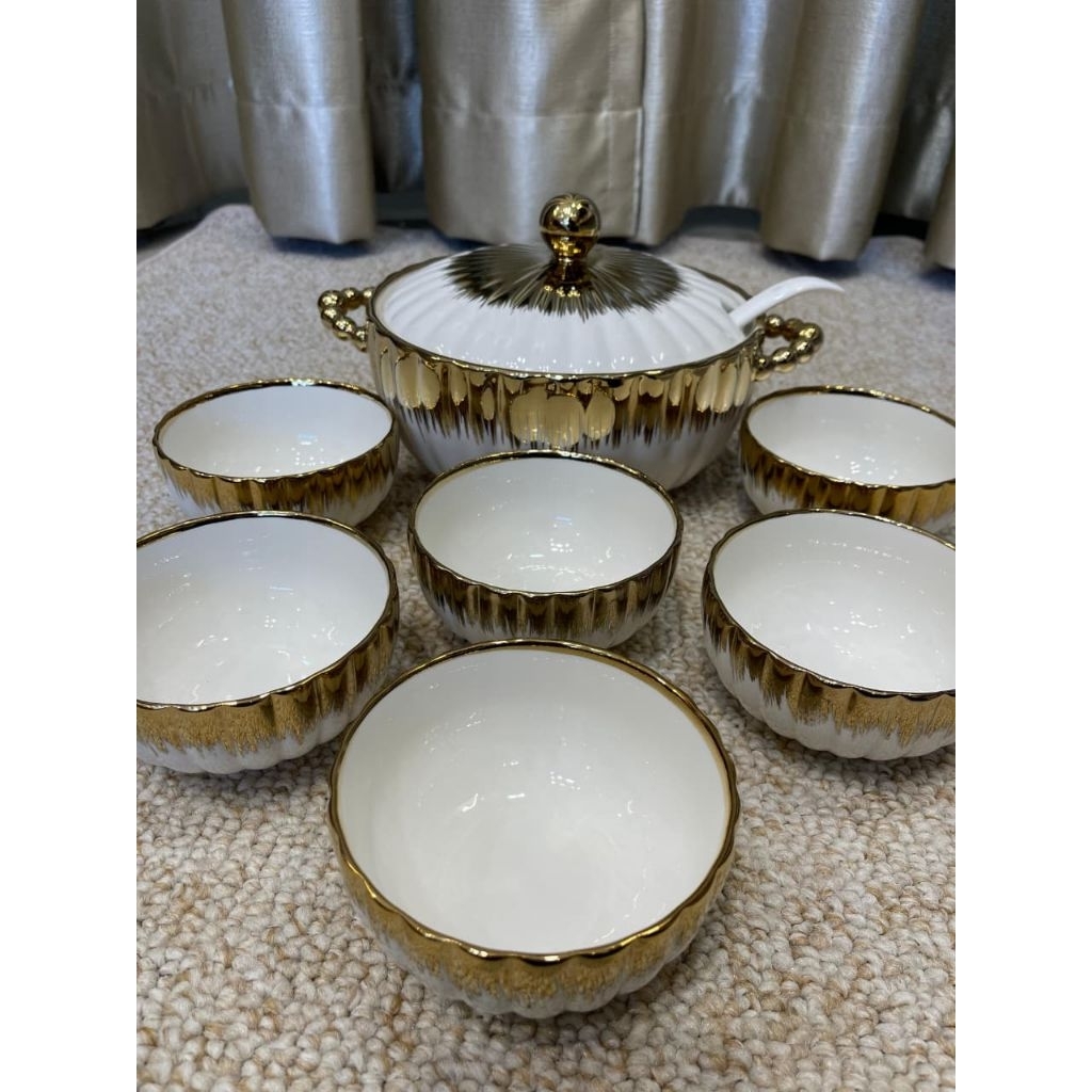 Tempat Soup Bowl Keramik Putih Gold Emas Mangkok Set Gold Prasmanan