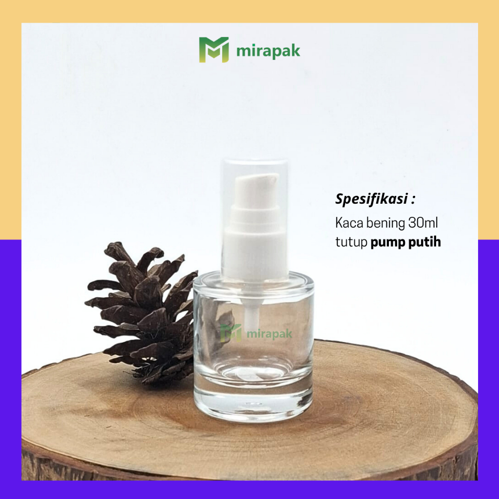 BOTOL PUMP LOTION 30ML BENING BAHU BULAT KACA TEBAL - TUTUP PUMP PUTIH FULL COVER BENING - SERUM KOS