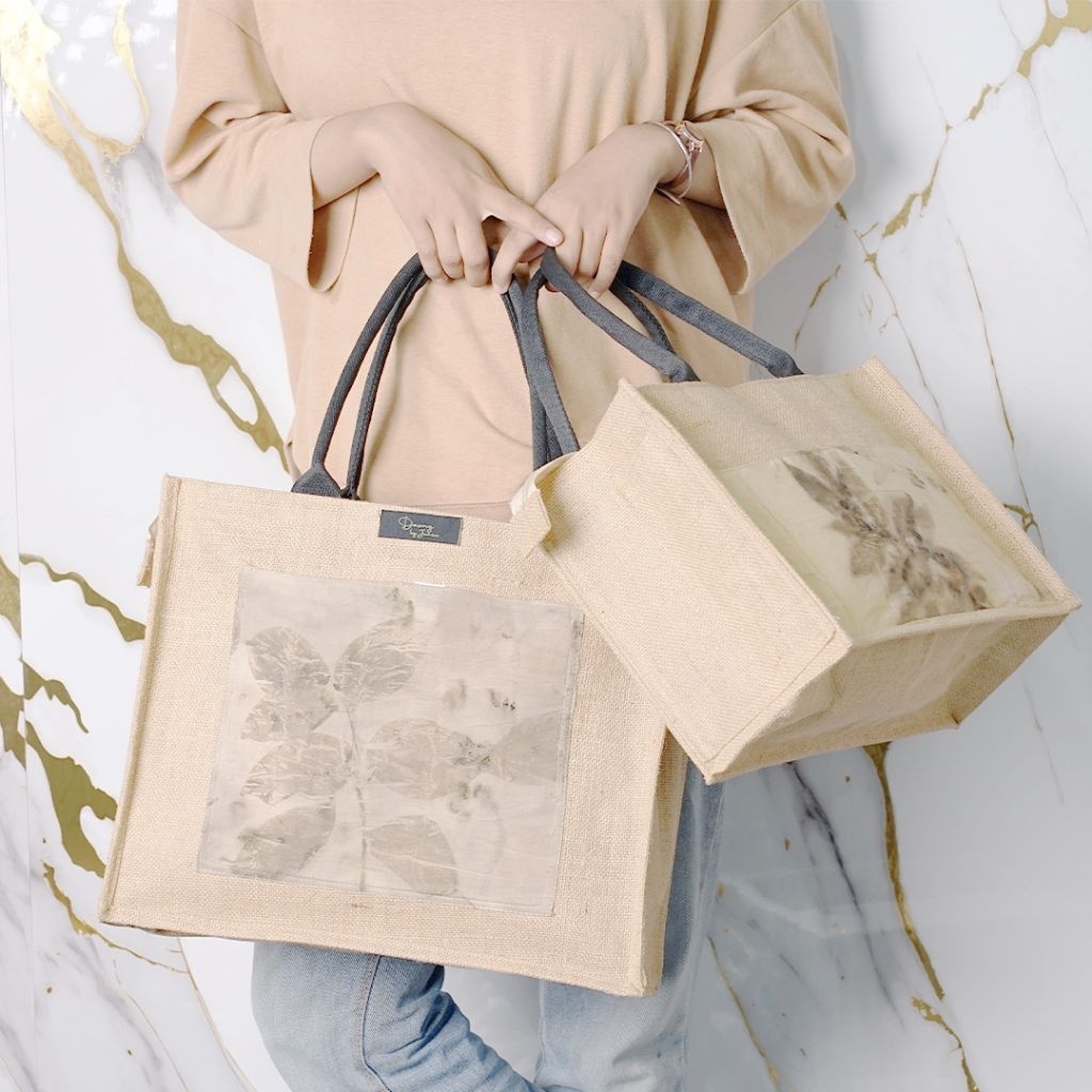[CB] Tas Goni Wanita Eco Friendly Motif Daun dengan Resleting dan Tali Kain Tebal Handmade GONI