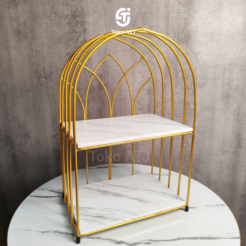 Rak Sangkar Oval Susun Motif Marmer Warna Gold