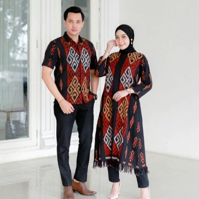 Baju Batik Tenun Premium Motif Toraja Outer Wanita Dres Hitam Marun Kemeja Pria