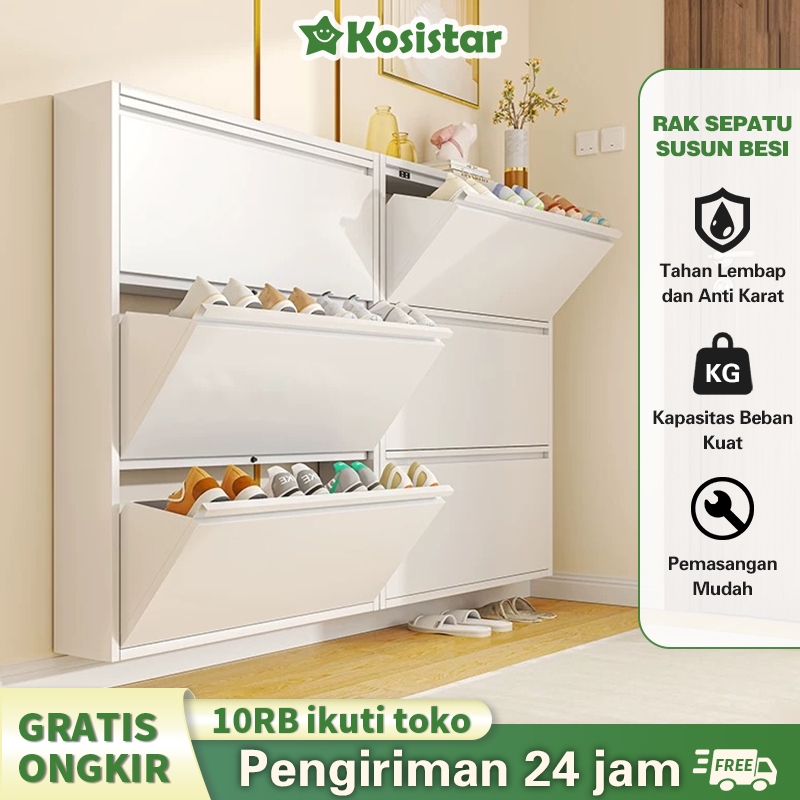 Kosistar Kabinet Sepatu Besi Tipis Tempel Dinding, Desain Ramping Pintu Tekan, Kapasitas Besar & Ant