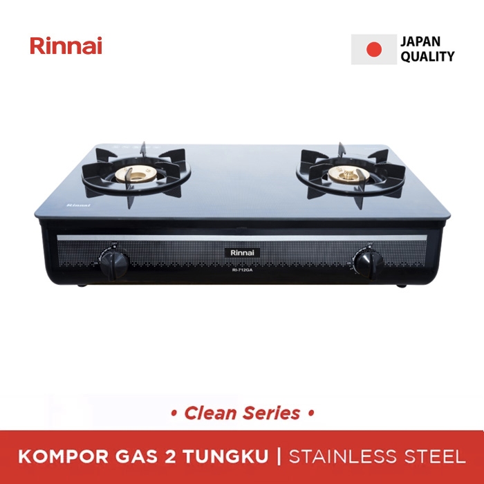 Kompor Gas Rinnai Jumbo RI-712GA, 2 Tungku Jumbo Kaca, Kuningan, warna putih dan hitam