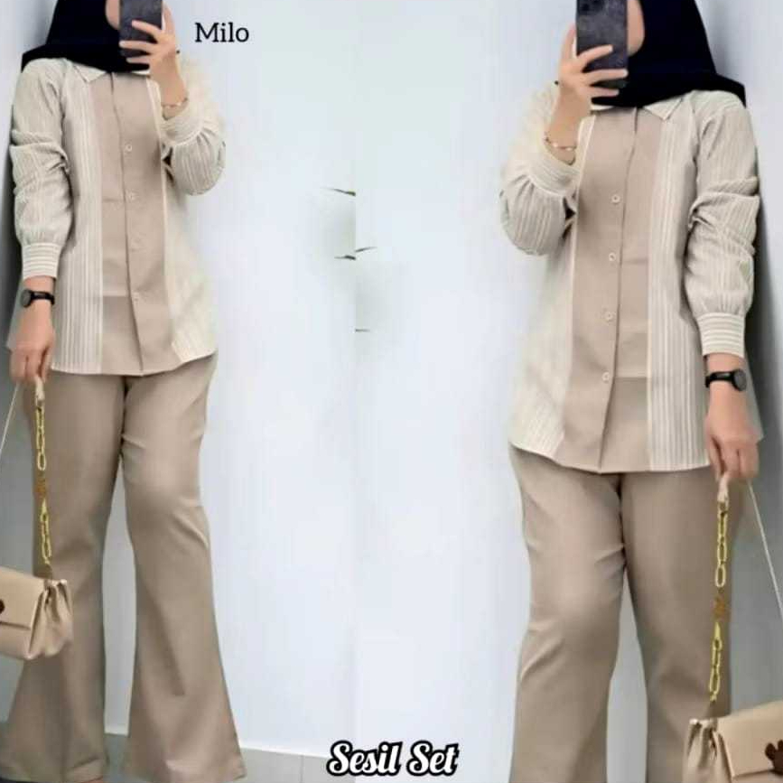 ONE SET SETELAN WANITA ATASAN KEMEJA KATUN IMPORT + CELANA CUTBRAY POLOS PREMIUM