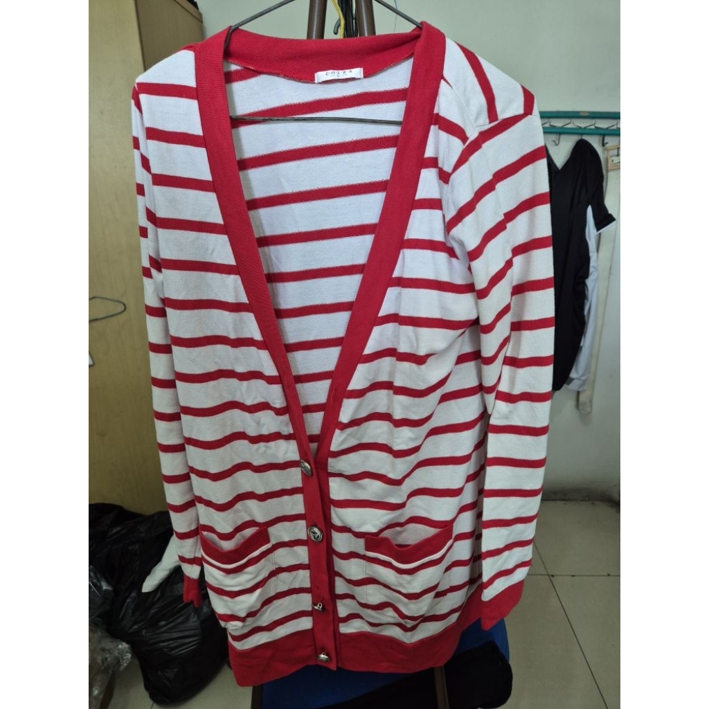 PRELOVED BAJUl Cardigan Kaos Motif Garis Garis Warna Merah Putih Kancing Navy Pelaut Merk COLZA Beka