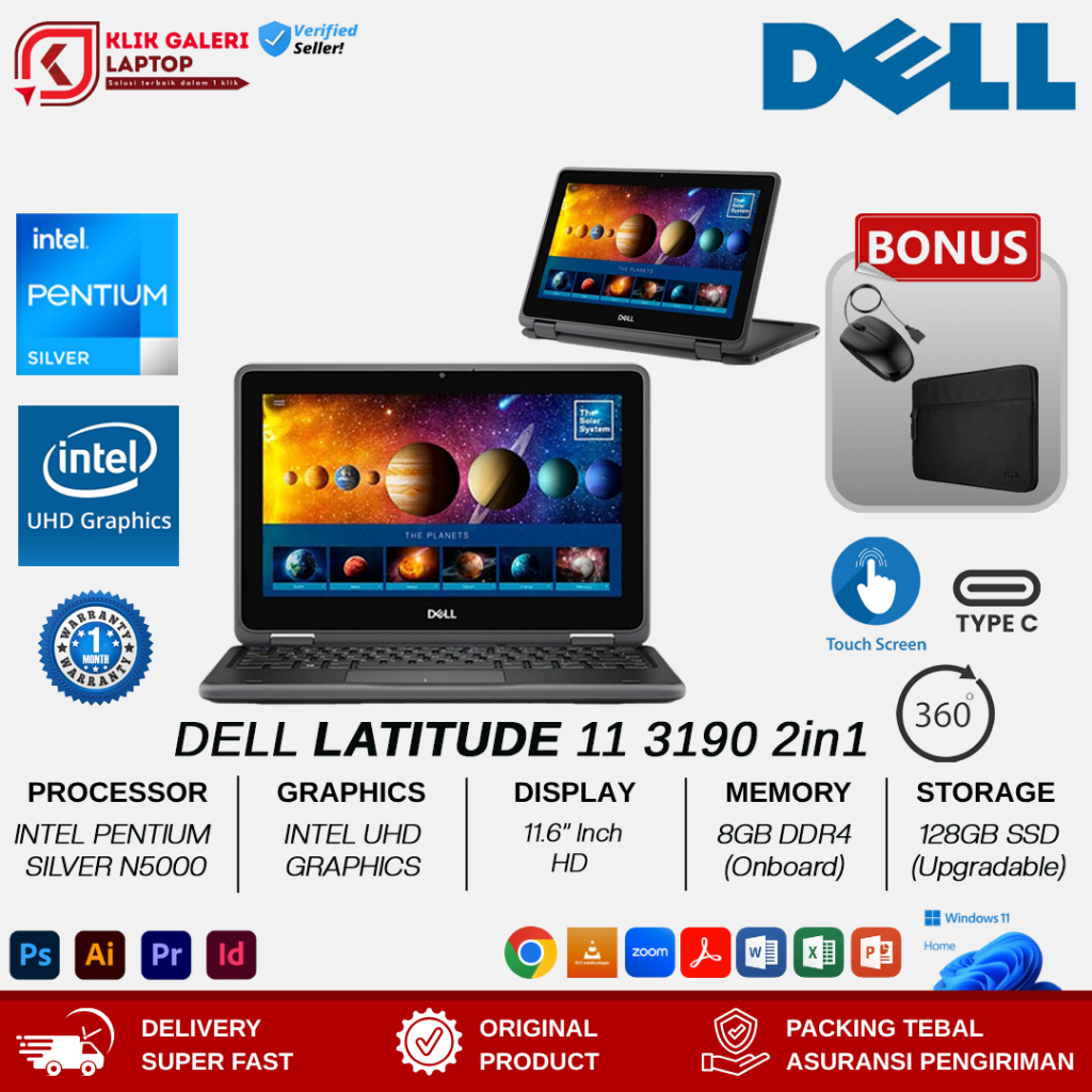 Laptop 2in1 Dell Latitude 11 3190 Intel Pentium Silver N5000 8GB 512GB SSD 11 Inch Touchscreen Win11