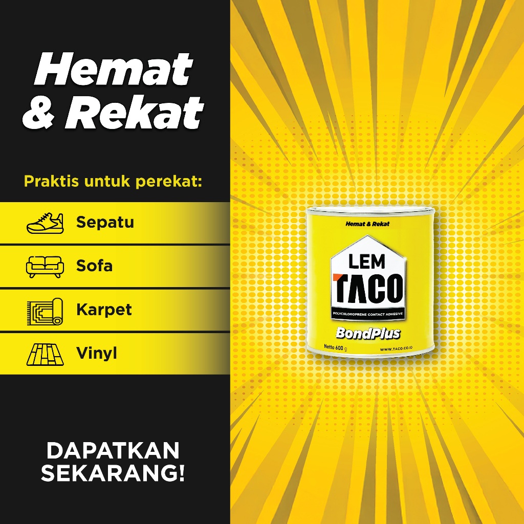 TACO Lem Kuning BondPlus Serbaguna Ukuran Kaleng Isi 600gram Untuk Lem Sepatu, Karpet, Lantai Vinyl,