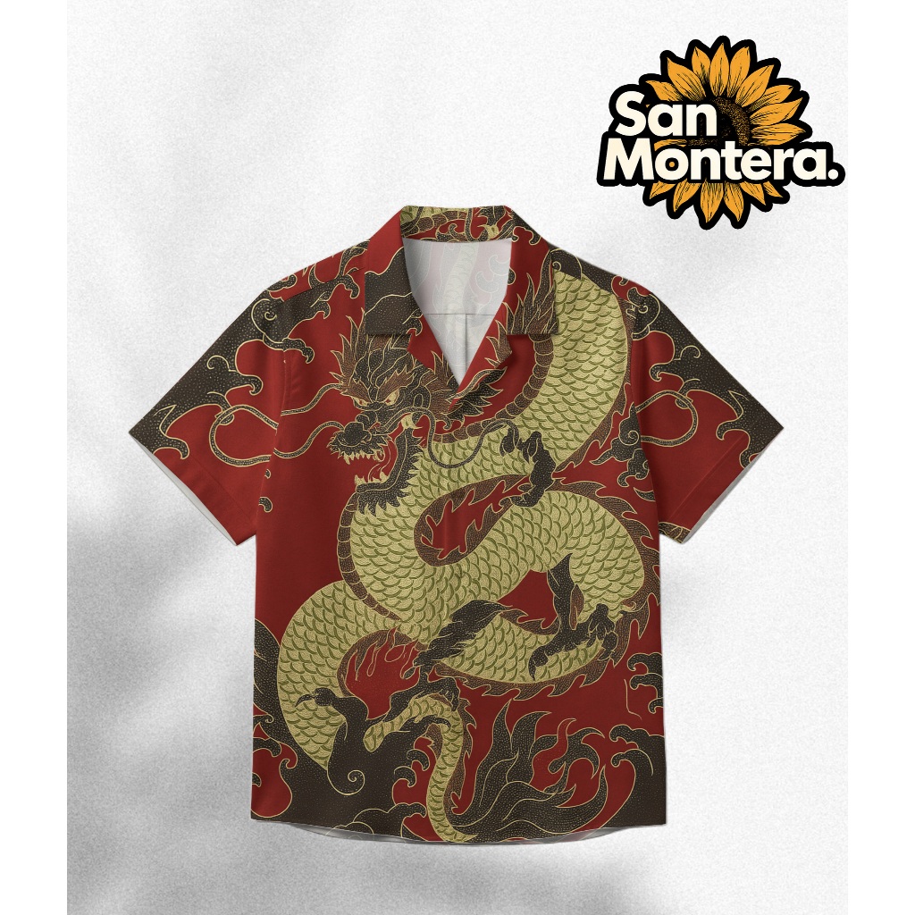 AN MONTERA Kemeja Fullprint Batik Pria Wanita Unisex Desain Naga Klasik Merah | SM-44