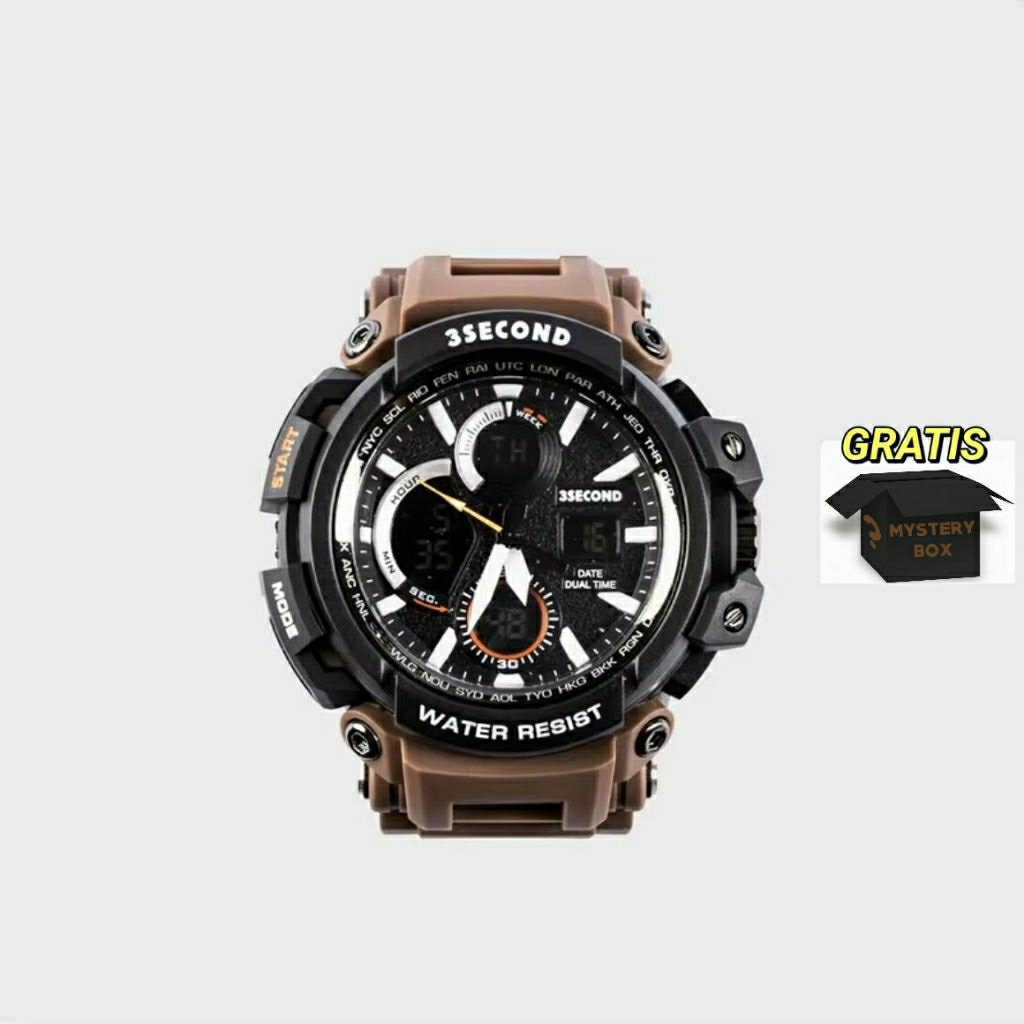 3Second Original Jam Tangan Analog-Digital Pria COFFEE-BLACK 5 5 0 1 2 3 (Gratis Mystery Box)