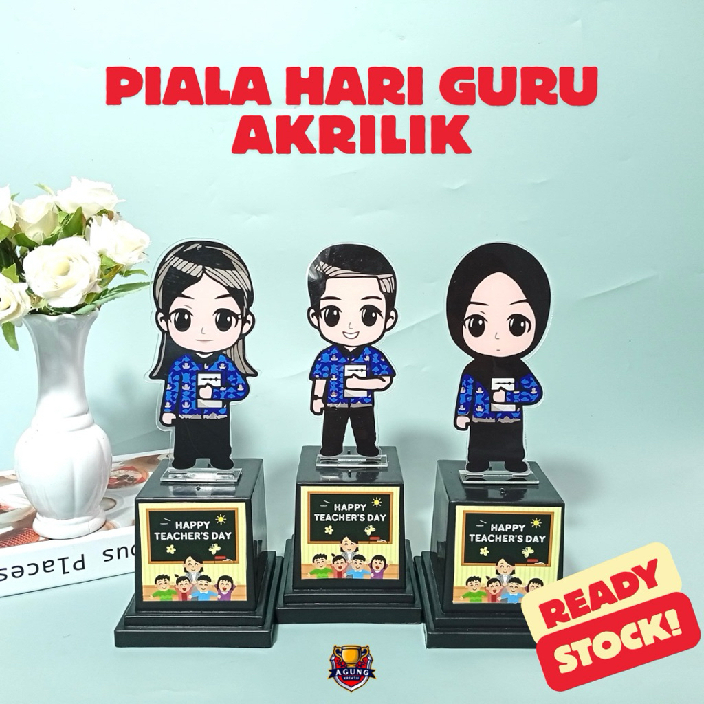 Piala Guru Gemoy Hari Guru Plakat Guru Akrilik Plus Mika, Pita, dan Bunga