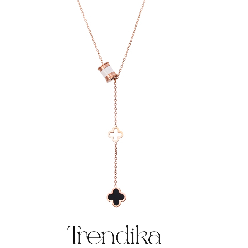 Trendika Kalung Liontin Semanggi Hitam Kalung Berongga Mawar Emas Dekoratif N1038