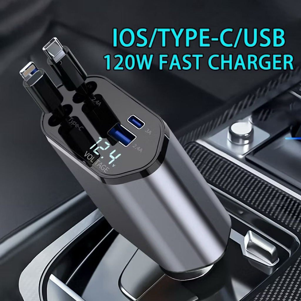 4in1 Retractable Car Charger Colokan Mobil IOS Type-C Charger Mobil Fast Charging Case Hp Di Mobil