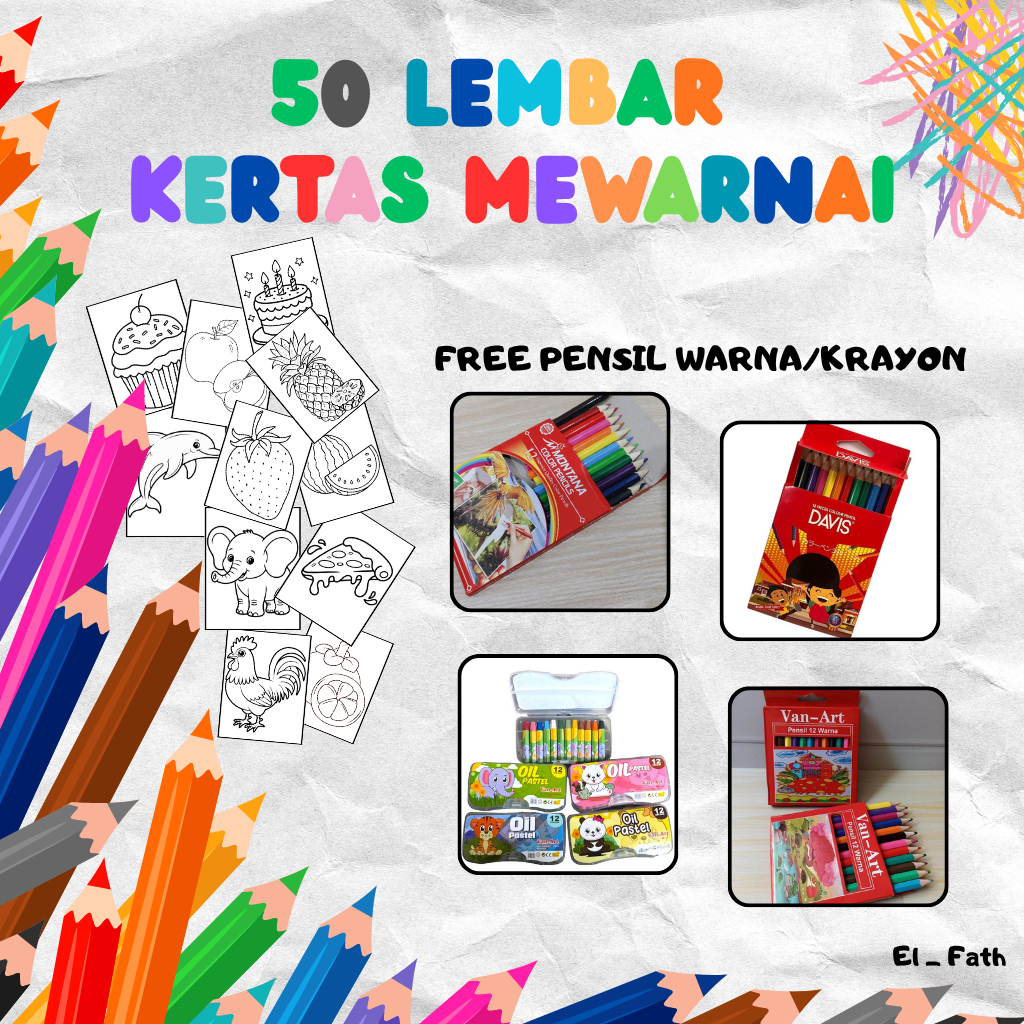 50 LEMBAR KERTAS MEWARNAI + PENSIL WARNA/KRAYON