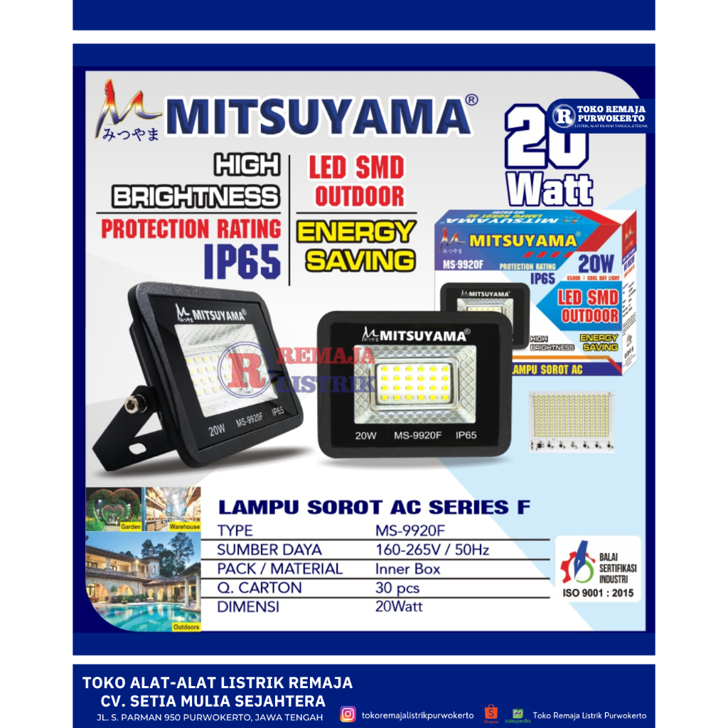 Lampu Tembak Sorot DC Cahaya Putih Mitsuyama IP 65 Anti Air