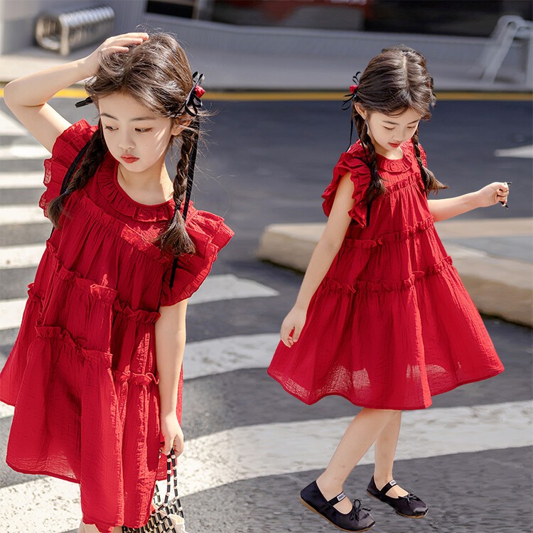 HOOBABY Gaun Anak Perempuan Merah Lengan Terbang Desain Simple Tapi Elegan Rok Lipit Gaya Korea Tren