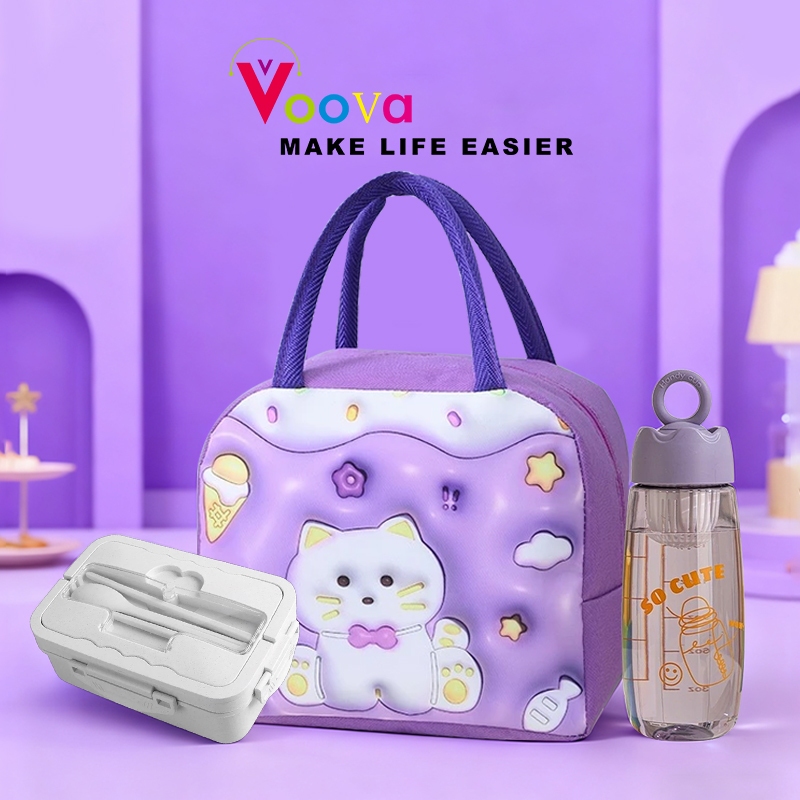 VOOVA Paket Bekal Makan Siang 3D/ Paket Bekal Sekolah/Tas Bekal/Kotak Makan dan Botol Minum
