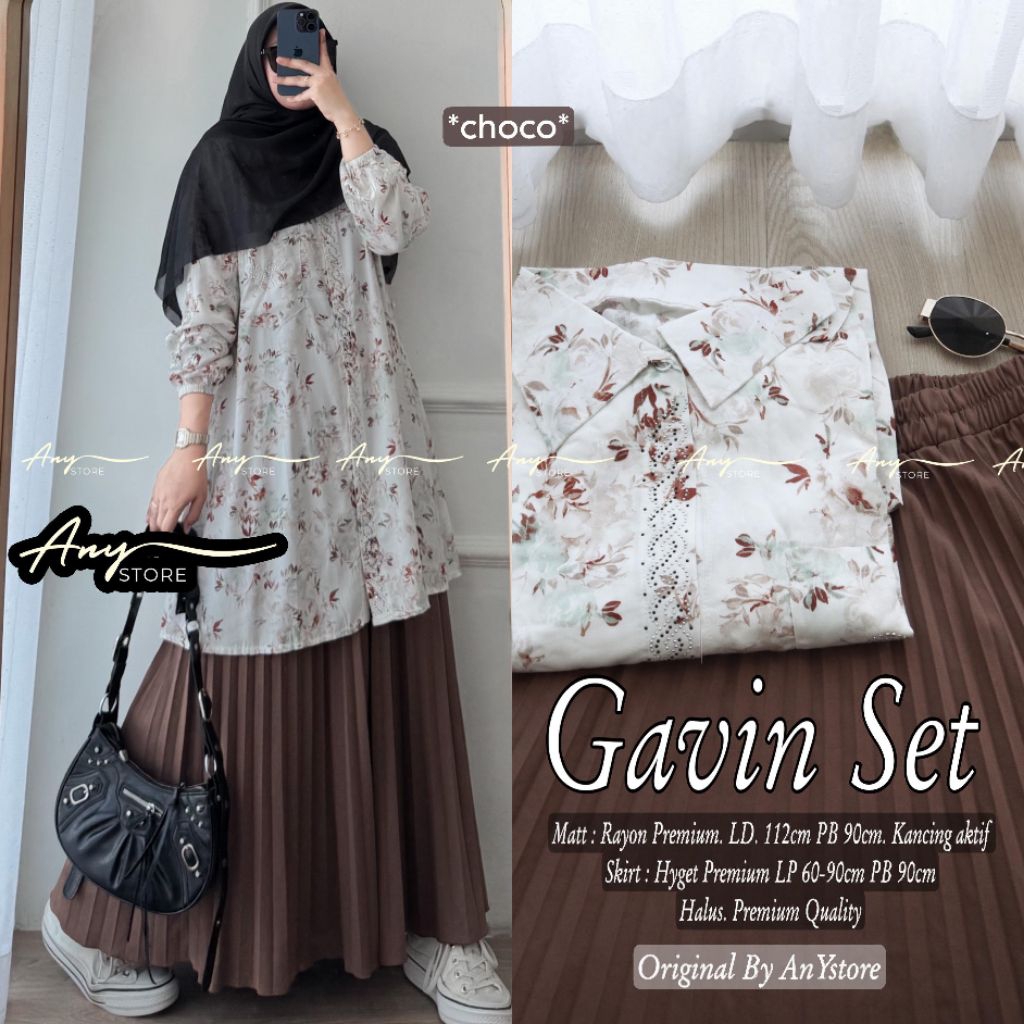 ( set dewasa) Gavin set ORI ANY // tunik bunga mix rok plisket