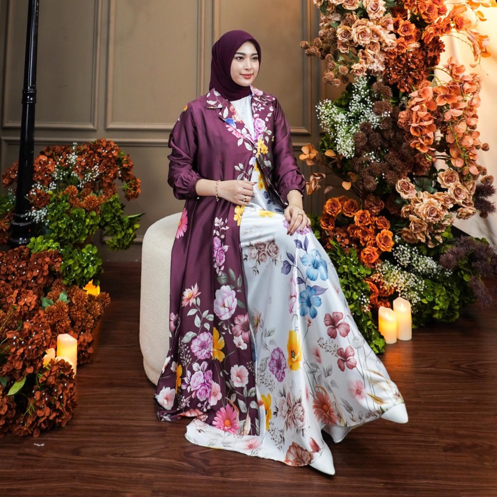 Dumma.id - One Set Pakaian Wanita Diandra Set Outer Silk Parita Printing Gamis Cantik