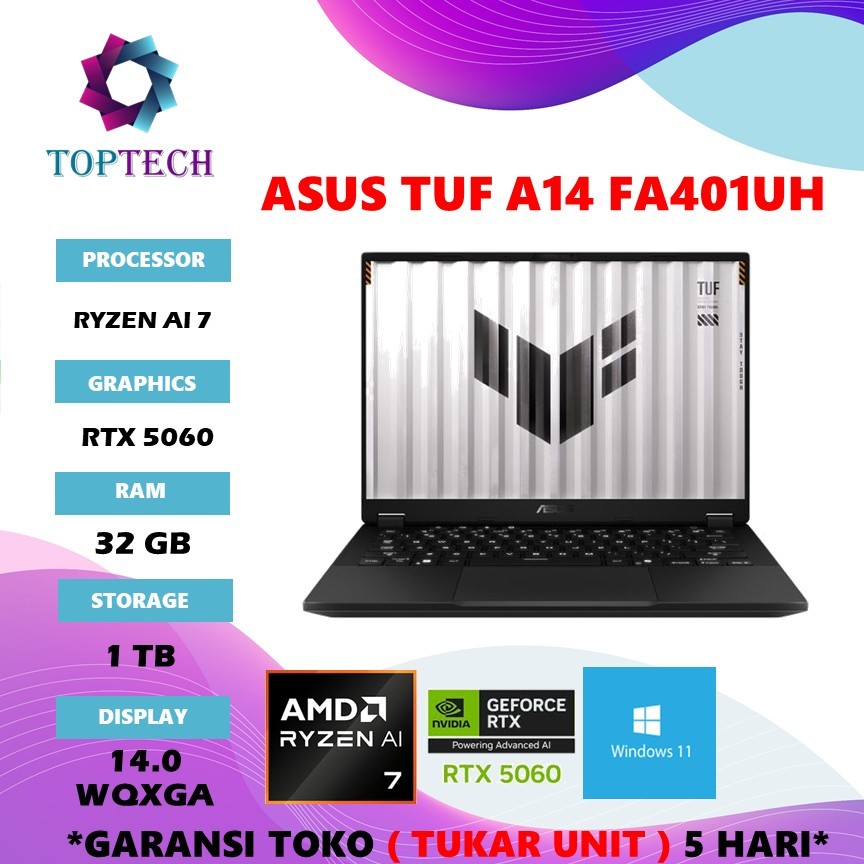 LAPTOP ASUS TUF A14 FA401KM RYZEN AI 7 350 RTX5060 8GB/ RAM 32GB SSD 1TB W11+OHS+M365B 14.0 WQXGA 16