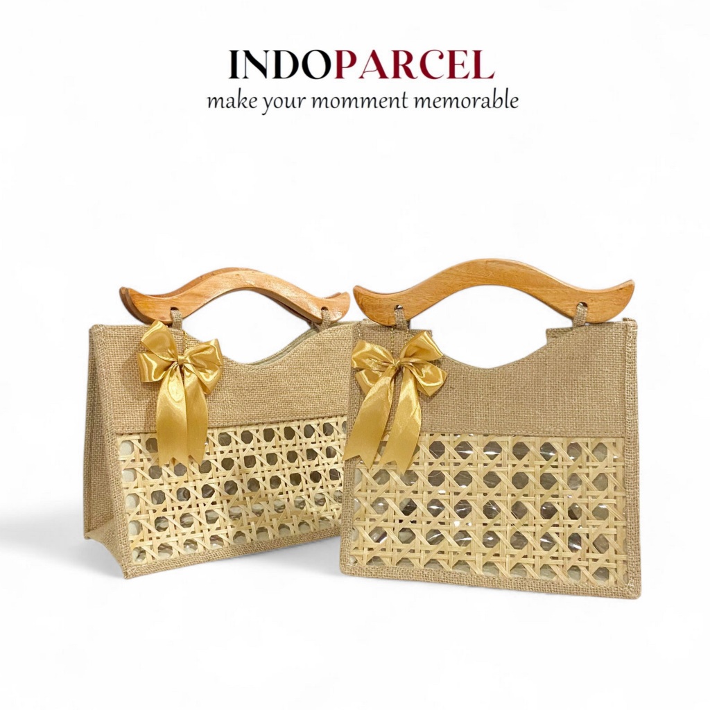 INDOPARCEL - Tas Hampers Anyaman Goni Handle Kayu Kombinasi Anyaman Bambu Bungkus Kemasan Tas Kado G
