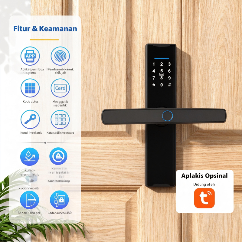 Reaim Kunci pintu rumah digital Smart Fingerprint gembok digital gagang pintu rumah Doorlock Card Di