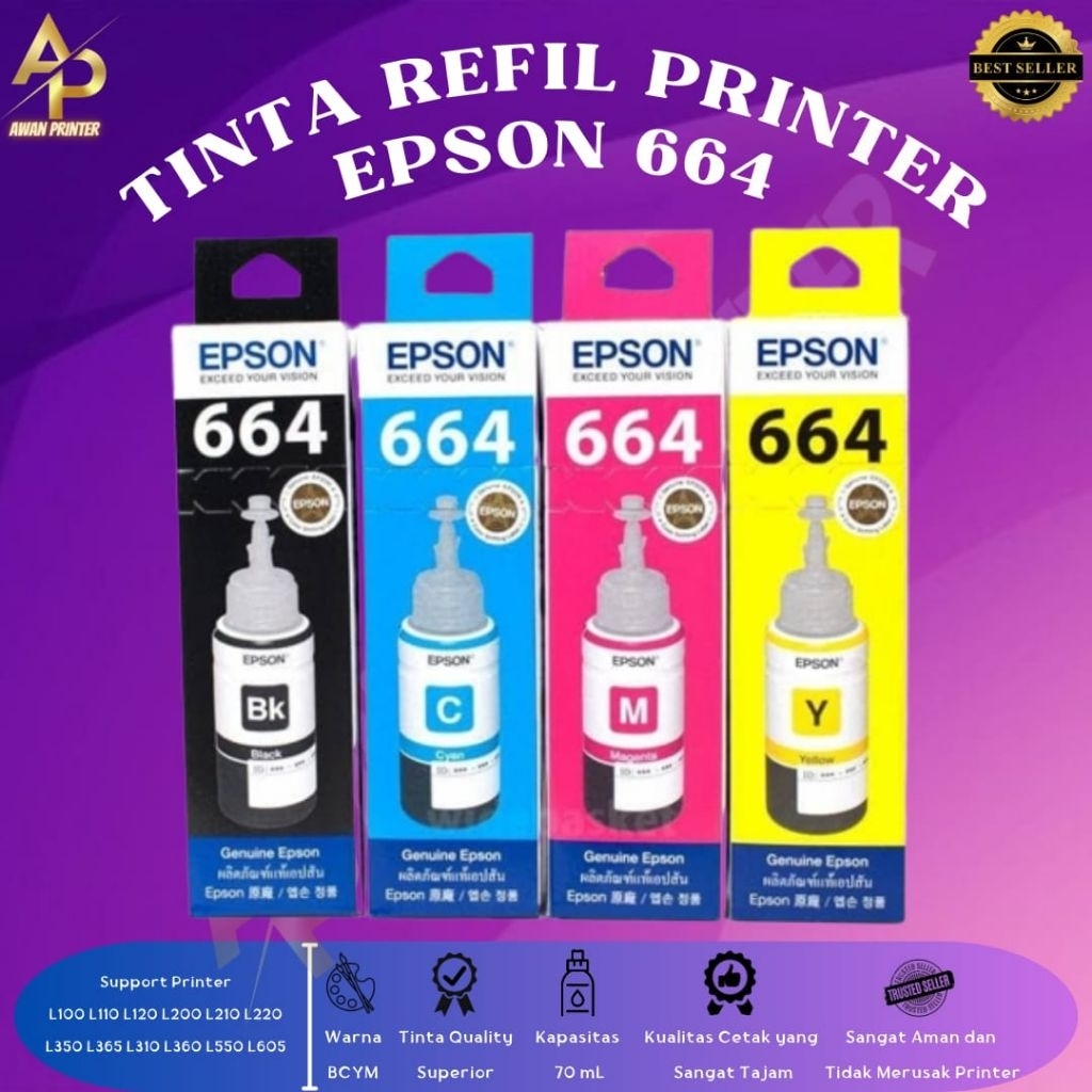 Tinta Printer Epson 664 Original Untuk Printer L100 L110 L120 L200 L210 L220