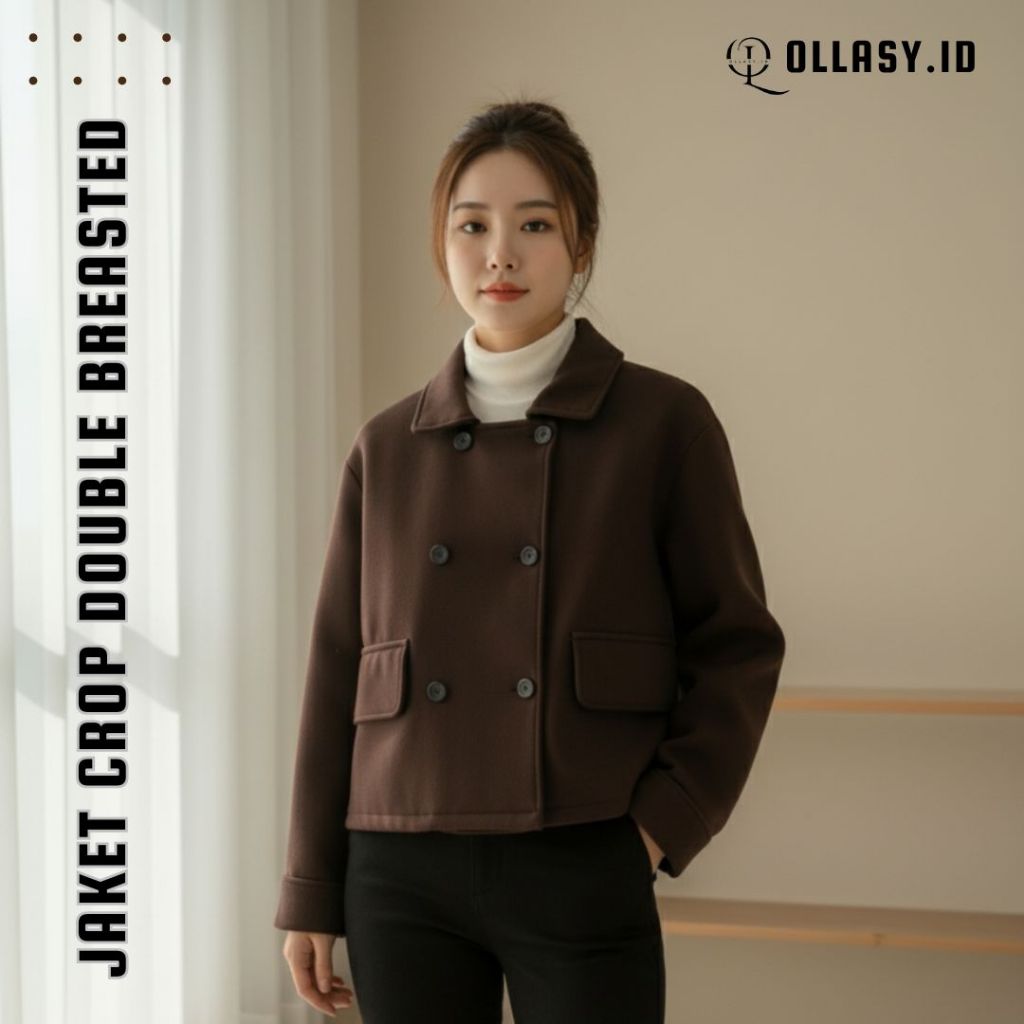 Jaket wanita model crop double breasted dengan kancing depan dan saku