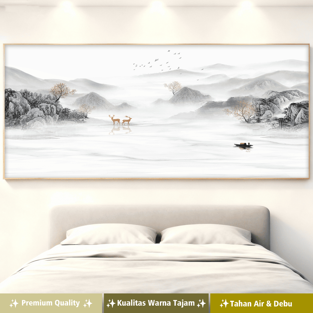 DD Hiasan dinding lukisan canvas + motif pemandangan sungai alami berkabut