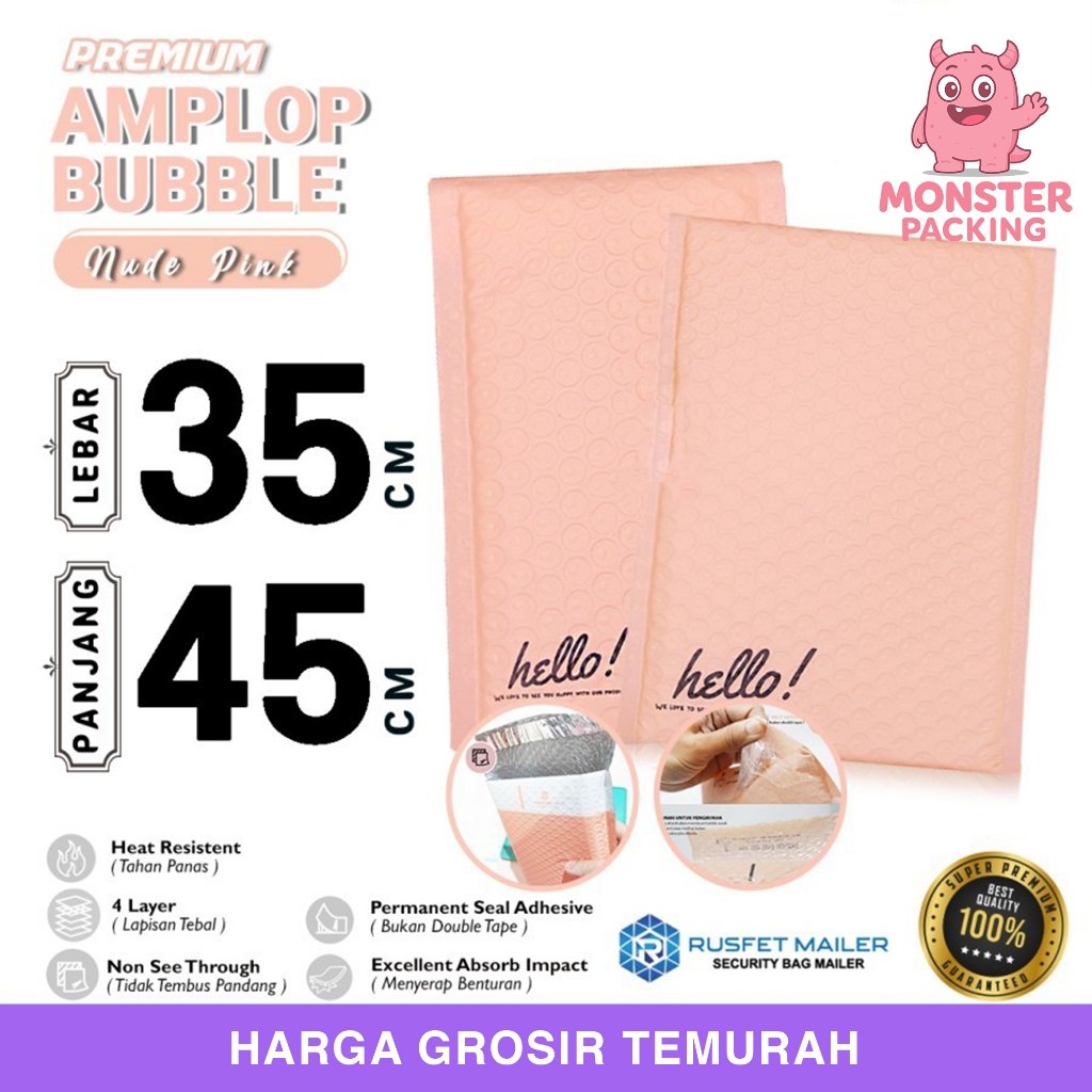 AMPLOP BUBBLE MAILER 35x45cm SOFT PINK MATTE WRAP ENVELOPE RUSFET