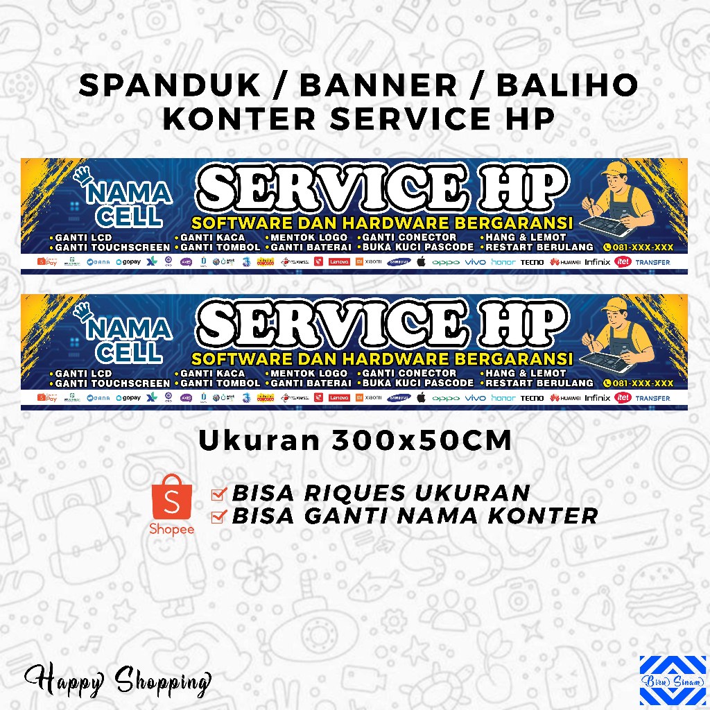 BANNER SPANDUK BALIHO KONTER SERVICE HP UKURAN 300X50CM MURAHHH