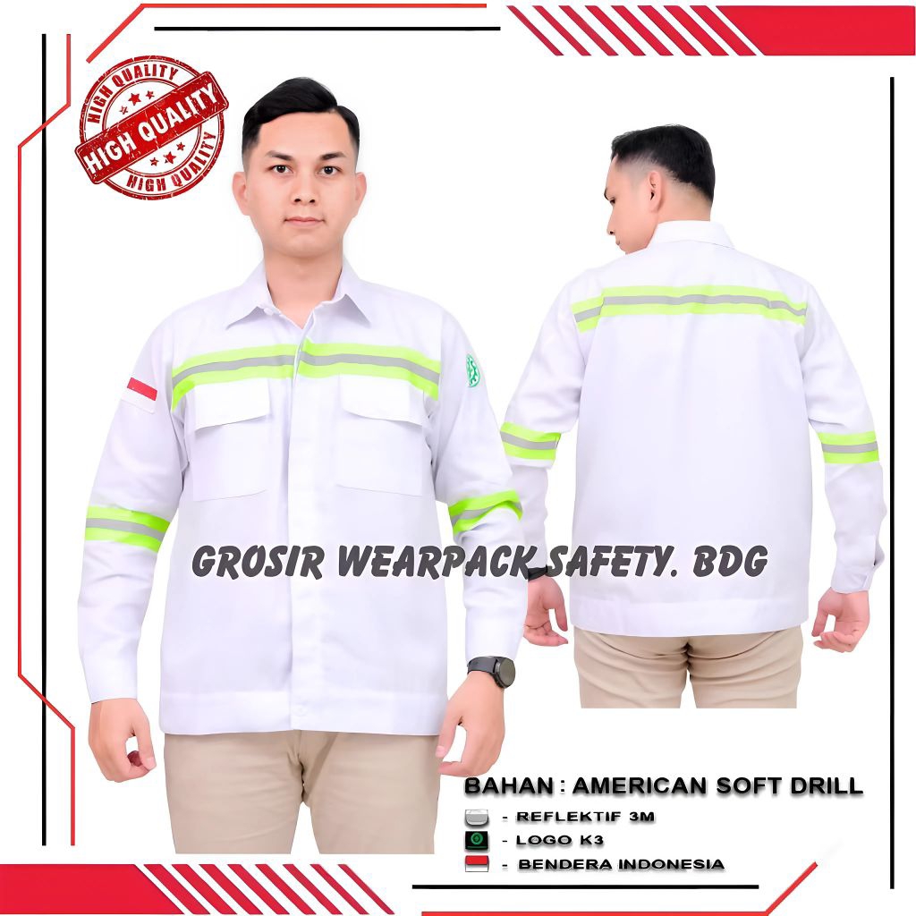 Kemeja Wearpack Safety Warna Putih Seragam Kerja Baju Atasan Lengan Panjang Lis Strip Hijau | Seraga