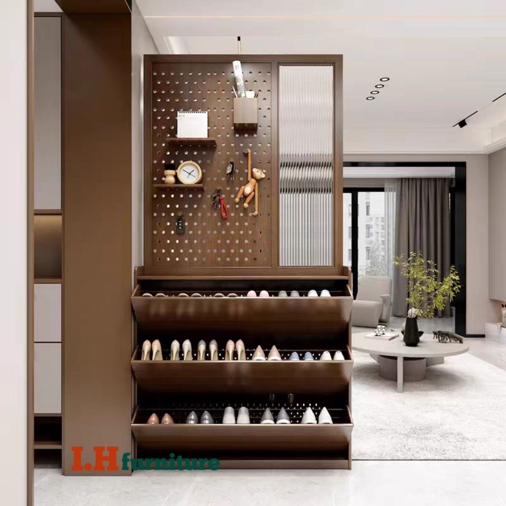 Partisi kayu rak sepatu modern kekinian murah , partisi lemari sepatu